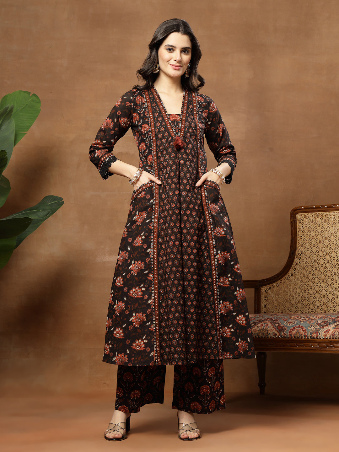 Flared Printed Cotton V-Neck Kurta Set With Dupatta