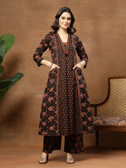 Flared Printed Cotton V-Neck Kurta Set With Dupatta