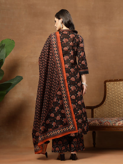 Flared Printed Cotton V-Neck Kurta Set With Dupatta