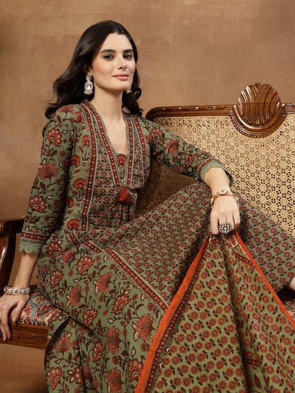 Flared Printed Cotton V-Neck Kurta Set With Dupatta