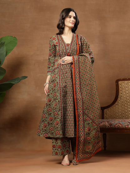 Flared Printed Cotton V-Neck Kurta Set With Dupatta
