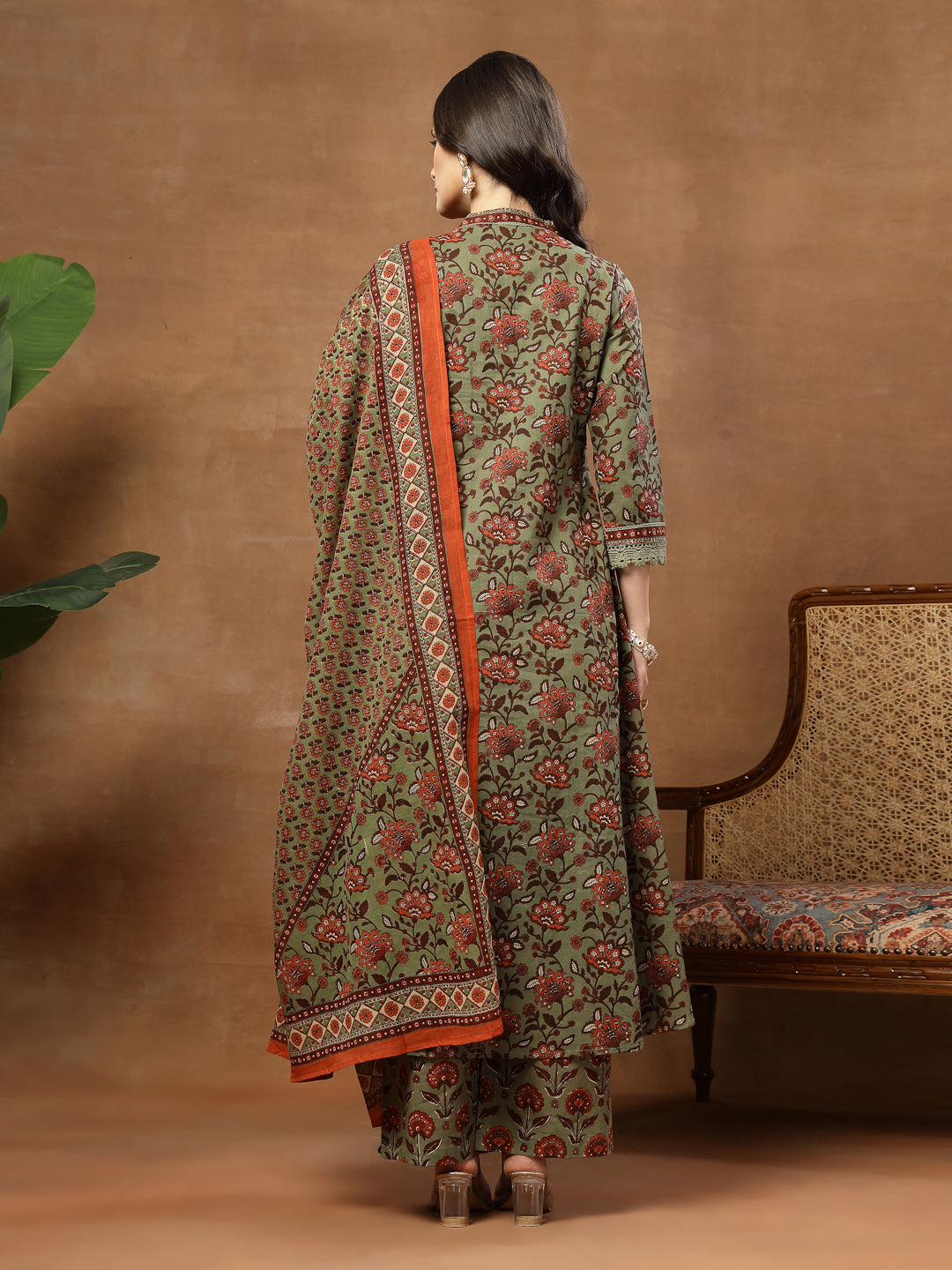 Flared Printed Cotton V-Neck Kurta Set With Dupatta