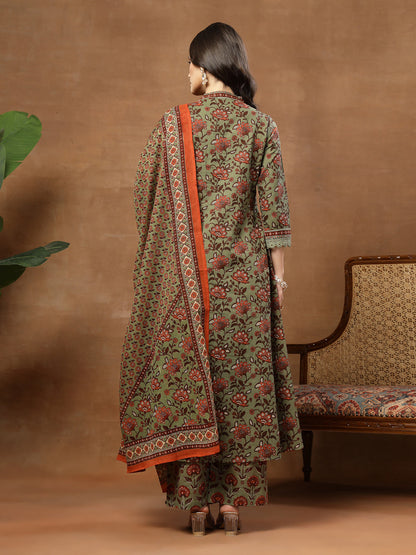 Flared Printed Cotton V-Neck Kurta Set With Dupatta