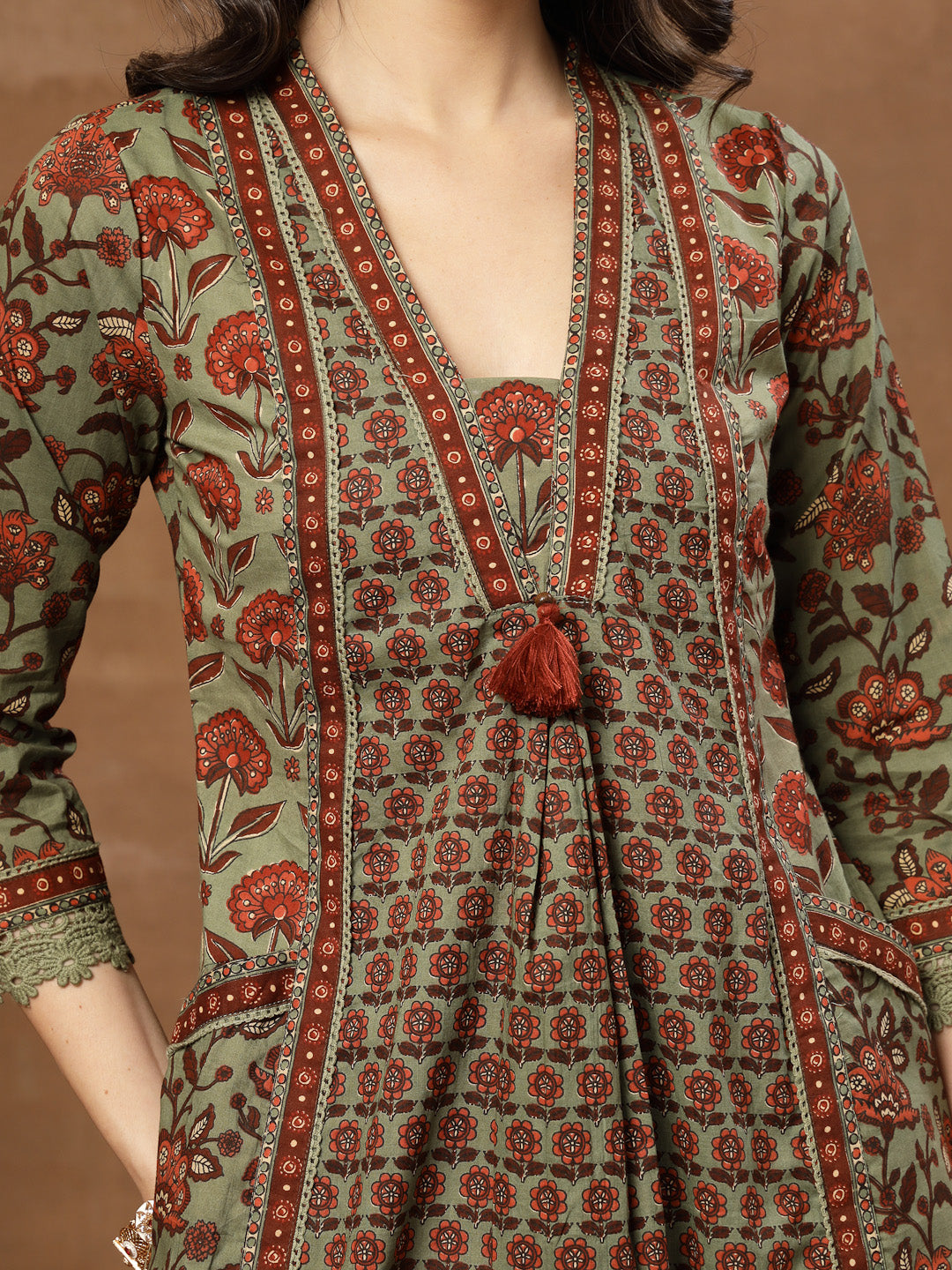 Flared Printed Cotton V-Neck Kurta Set With Dupatta
