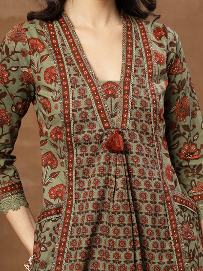 Flared Printed Cotton V-Neck Kurta Set With Dupatta