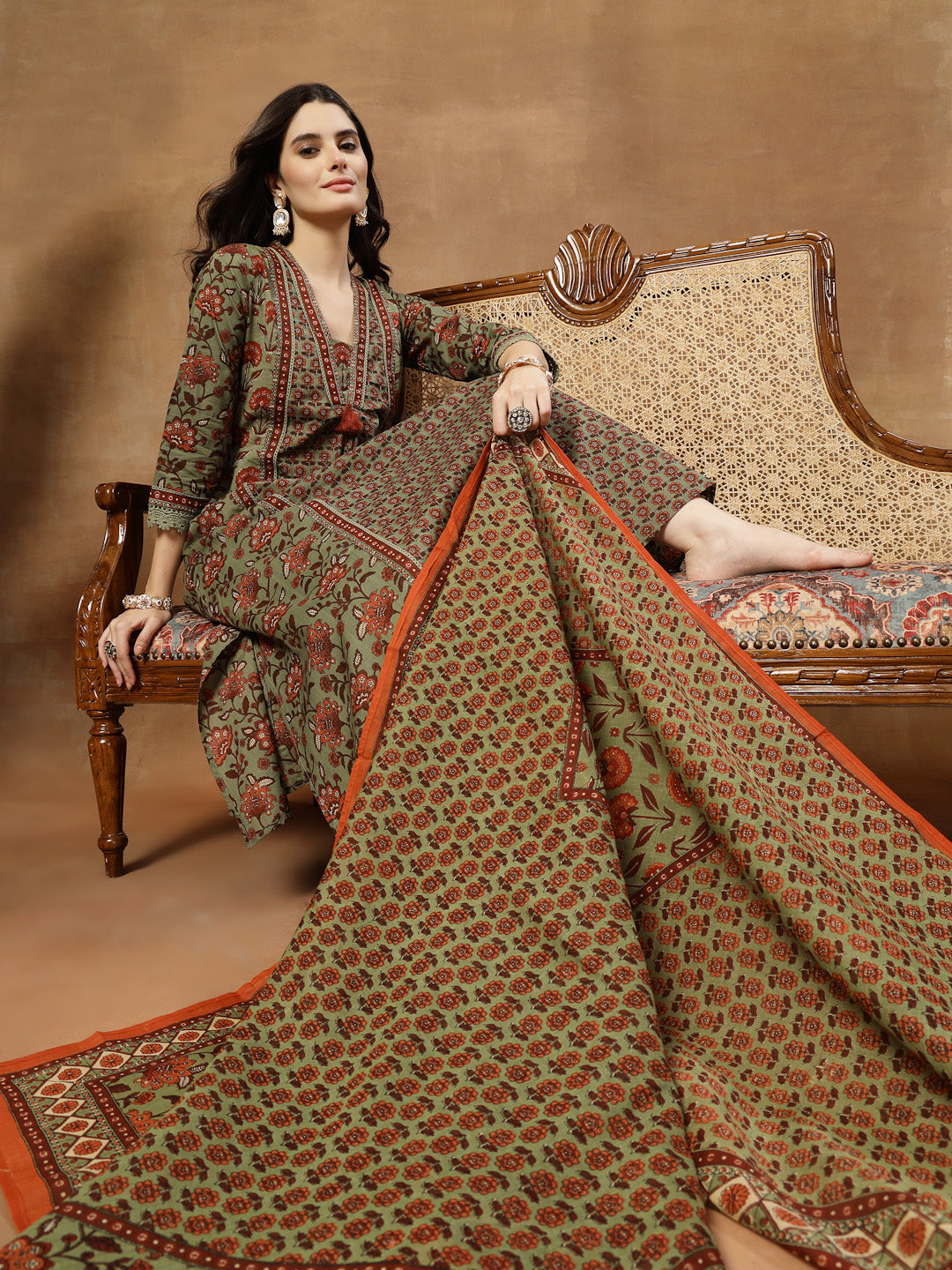 Flared Printed Cotton V-Neck Kurta Set With Dupatta