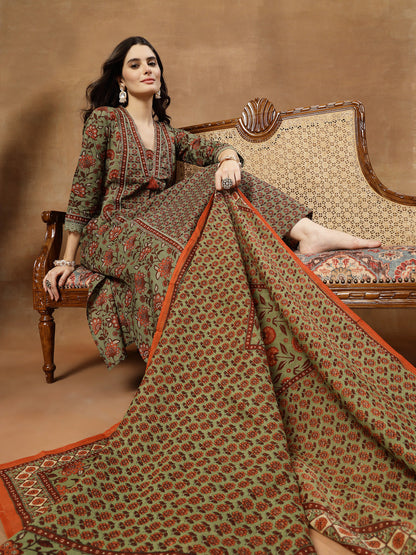 Flared Printed Cotton V-Neck Kurta Set With Dupatta