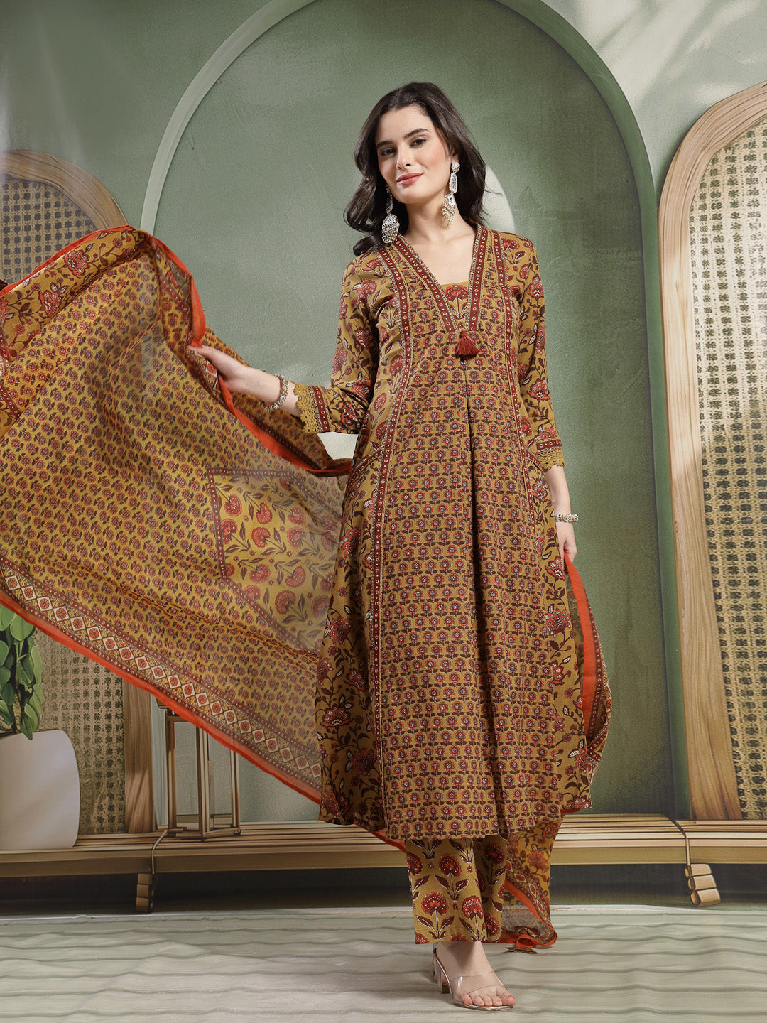 Flared Printed Cotton V-Neck Kurta Set With Dupatta