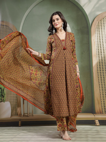 Flared Printed Cotton V-Neck Kurta Set With Dupatta