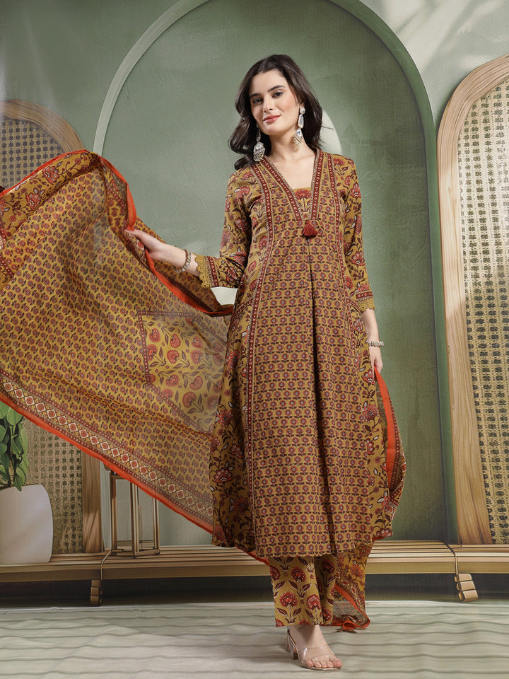 Flared Printed Cotton V-Neck Kurta Set With Dupatta