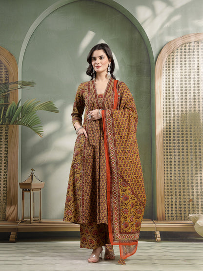 Flared Printed Cotton V-Neck Kurta Set With Dupatta