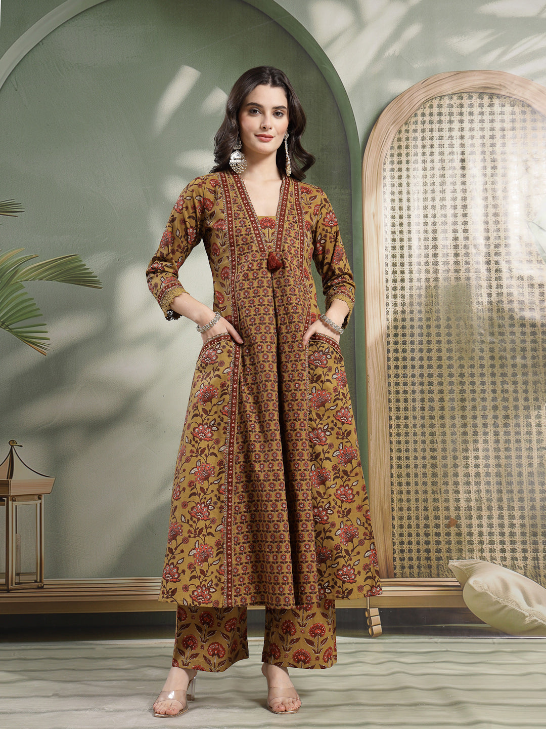Flared Printed Cotton V-Neck Kurta Set With Dupatta