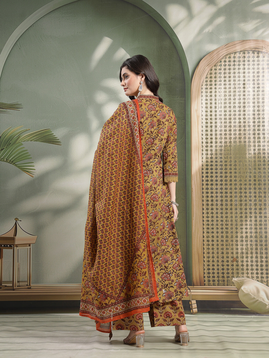 Flared Printed Cotton V-Neck Kurta Set With Dupatta