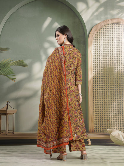 Flared Printed Cotton V-Neck Kurta Set With Dupatta