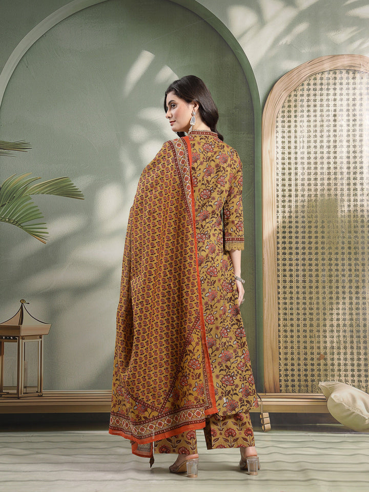 Flared Printed Cotton V-Neck Kurta Set With Dupatta
