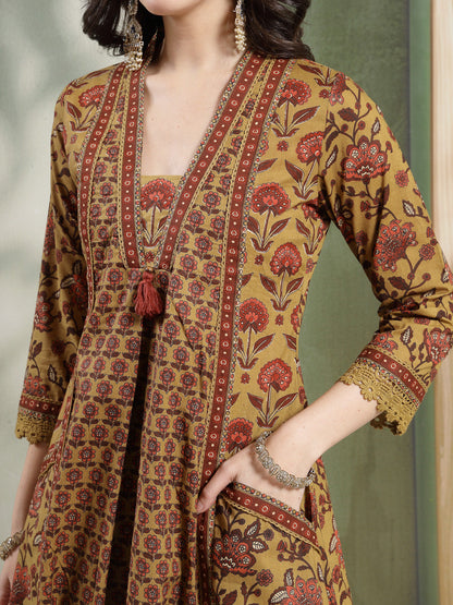 Flared Printed Cotton V-Neck Kurta Set With Dupatta