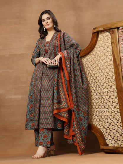 Flared Printed Cotton V-Neck Kurta Set With Dupatta