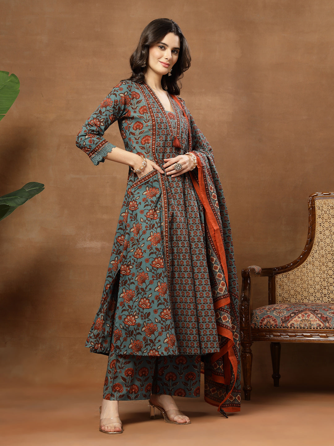 Flared Printed Cotton V-Neck Kurta Set With Dupatta