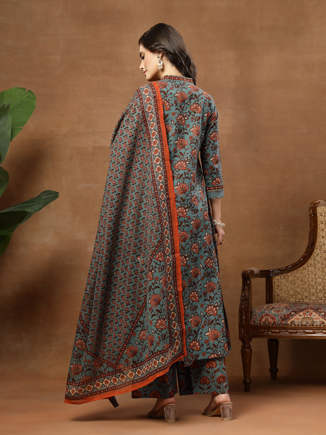 Flared Printed Cotton V-Neck Kurta Set With Dupatta