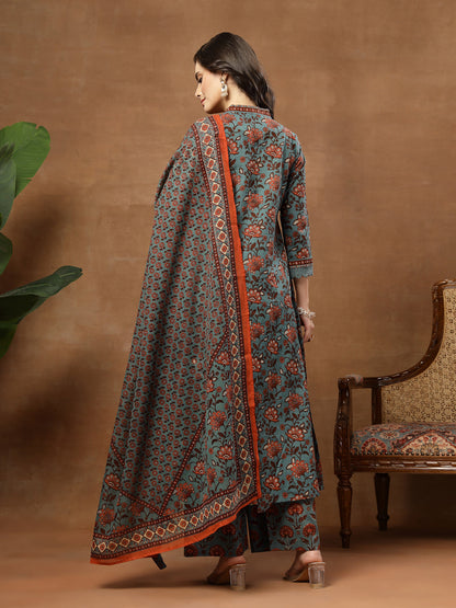 Flared Printed Cotton V-Neck Kurta Set With Dupatta