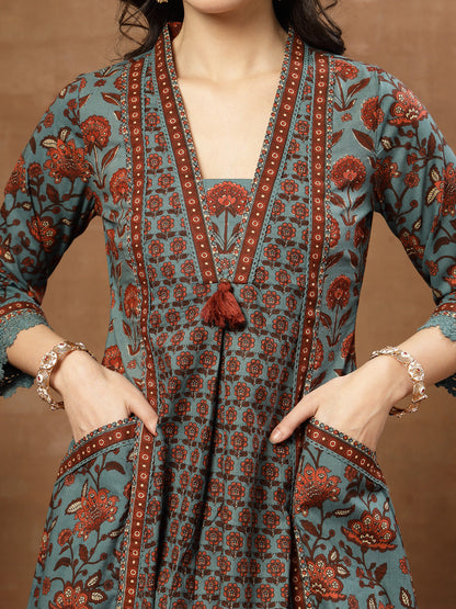 Flared Printed Cotton V-Neck Kurta Set With Dupatta
