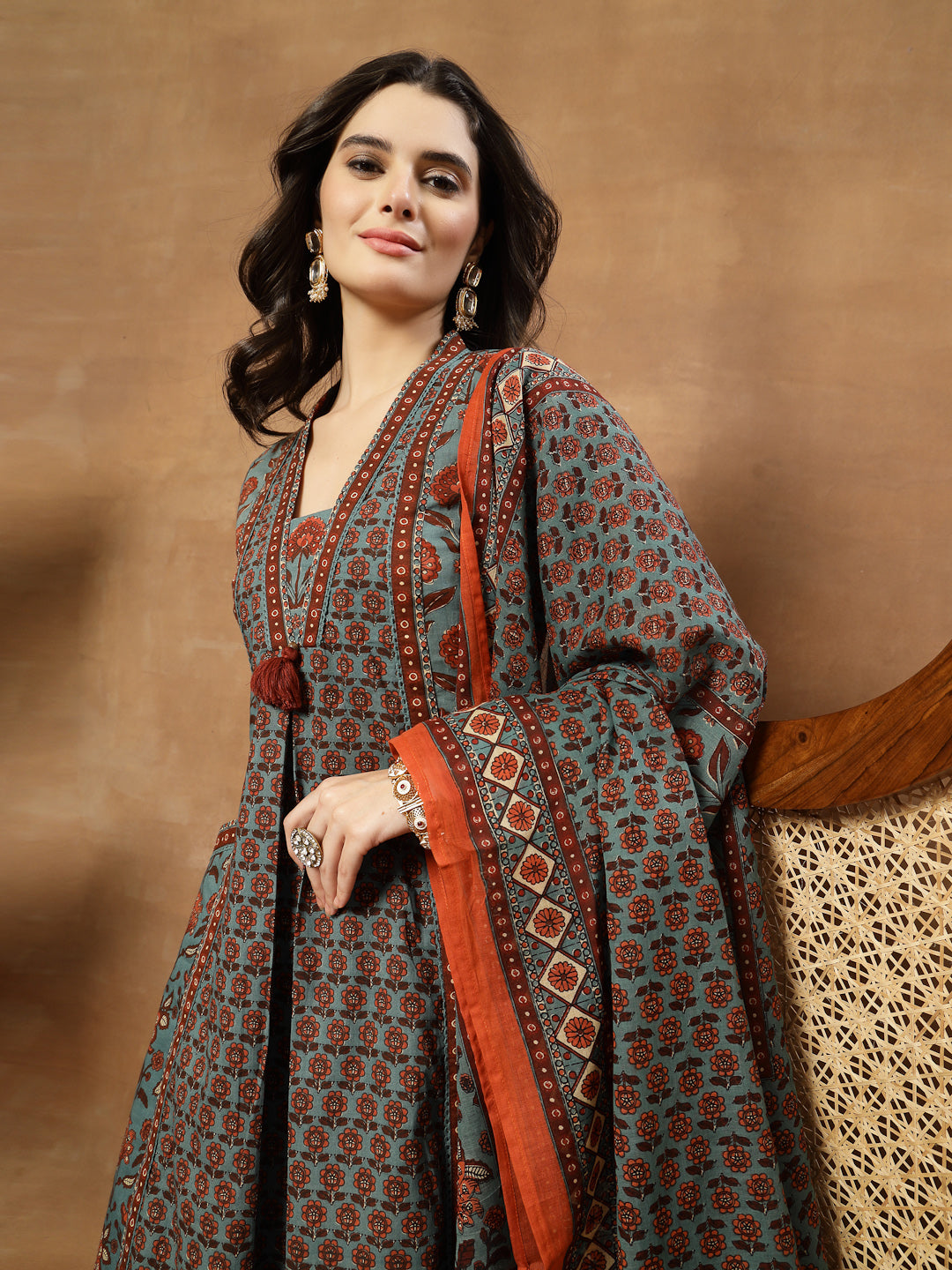 Flared Printed Cotton V-Neck Kurta Set With Dupatta