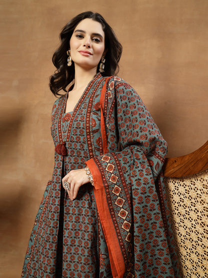 Flared Printed Cotton V-Neck Kurta Set With Dupatta