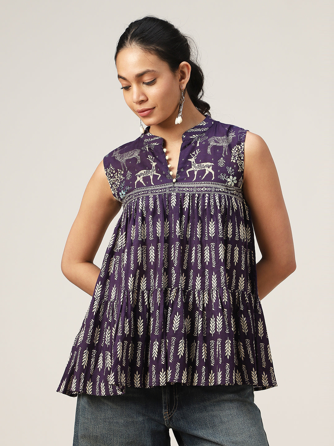 Flared Printed Cotton Mandarin Collar Top