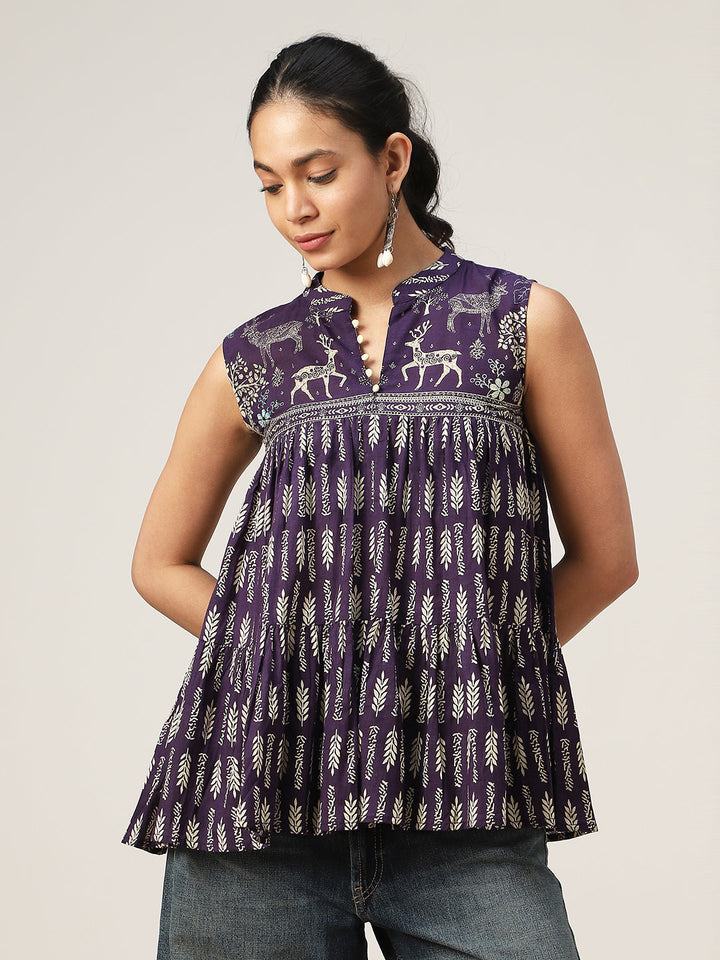 Flared Printed Cotton Mandarin Collar Top