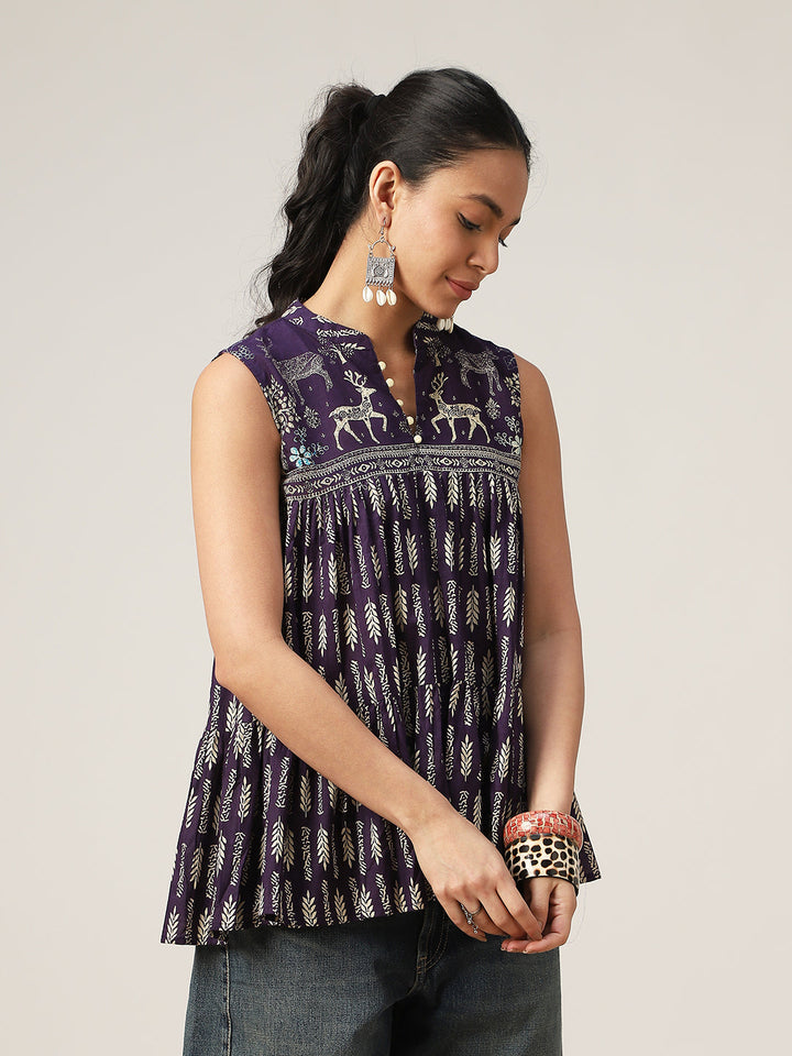 Flared Printed Cotton Mandarin Collar Top