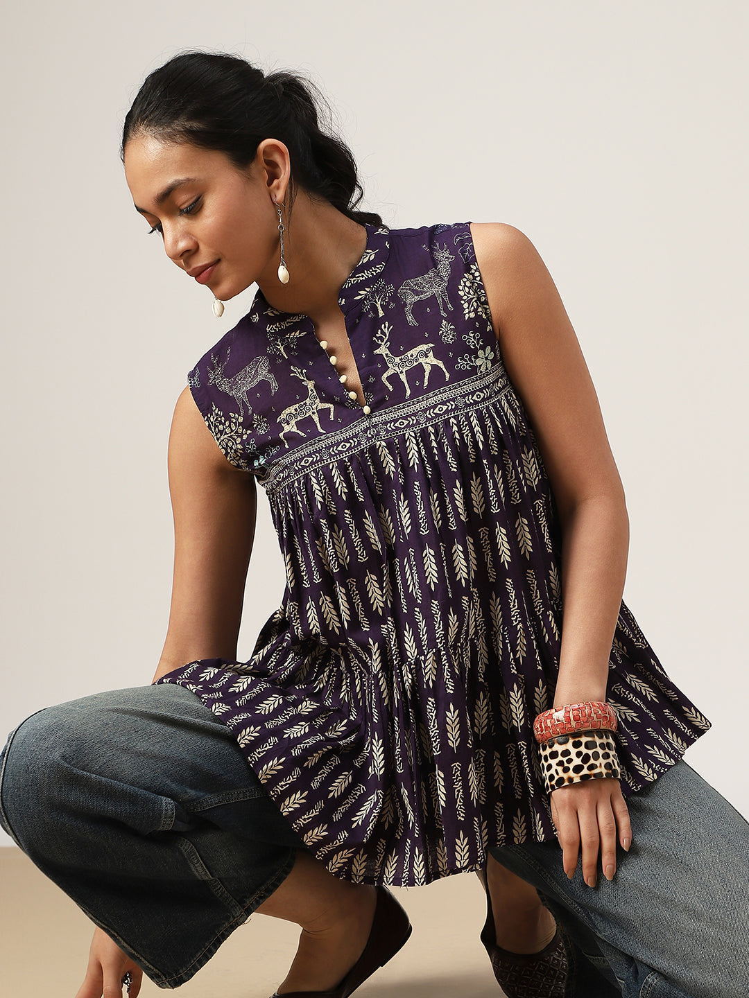 Flared Printed Cotton Mandarin Collar Top