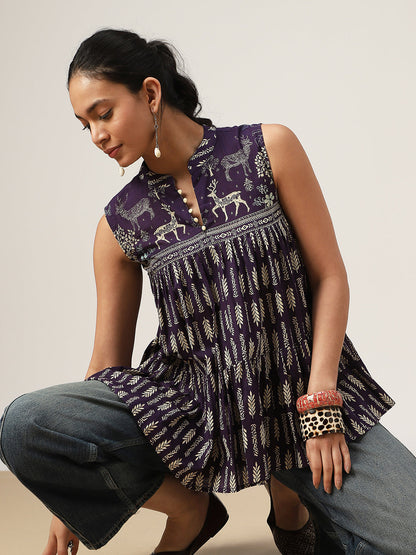 Flared Printed Cotton Mandarin Collar Top