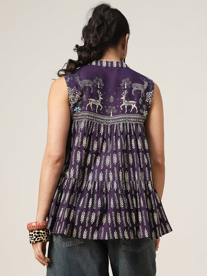 Flared Printed Cotton Mandarin Collar Top