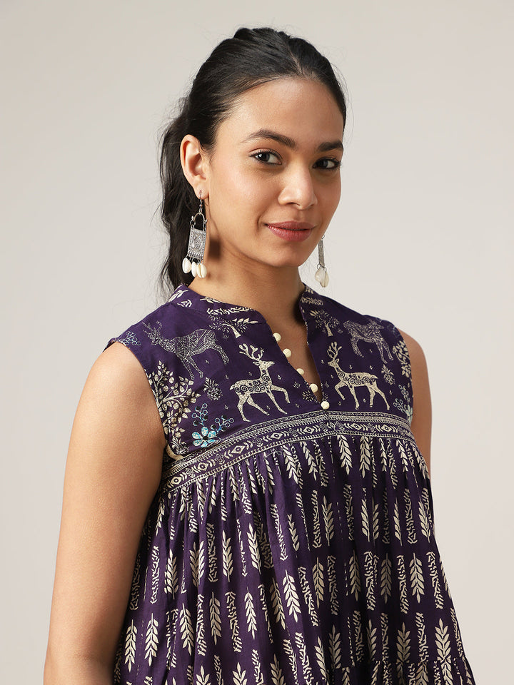 Flared Printed Cotton Mandarin Collar Top
