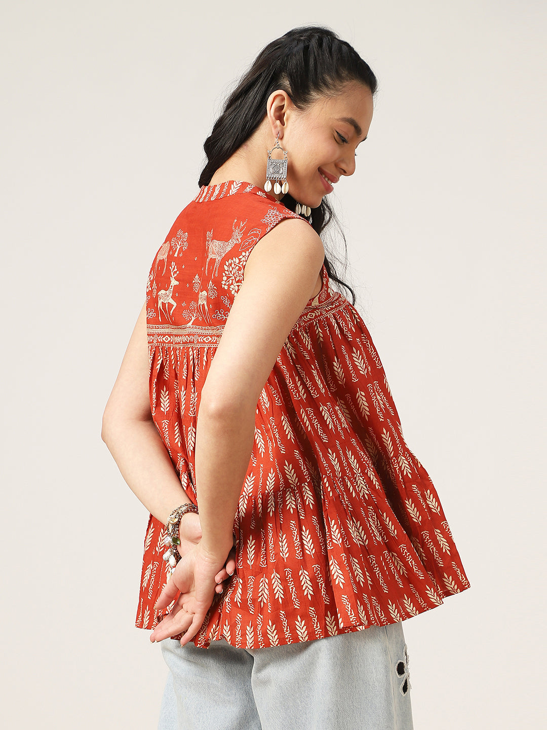 Flared Printed Cotton Mandarin Collar Top