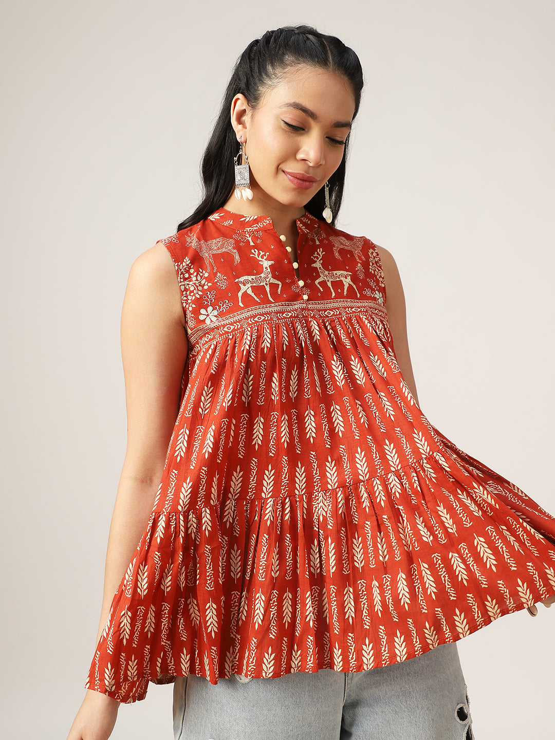 Flared Printed Cotton Mandarin Collar Top
