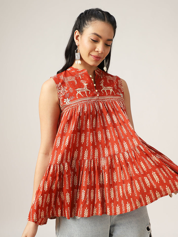 Flared Printed Cotton Mandarin Collar Top