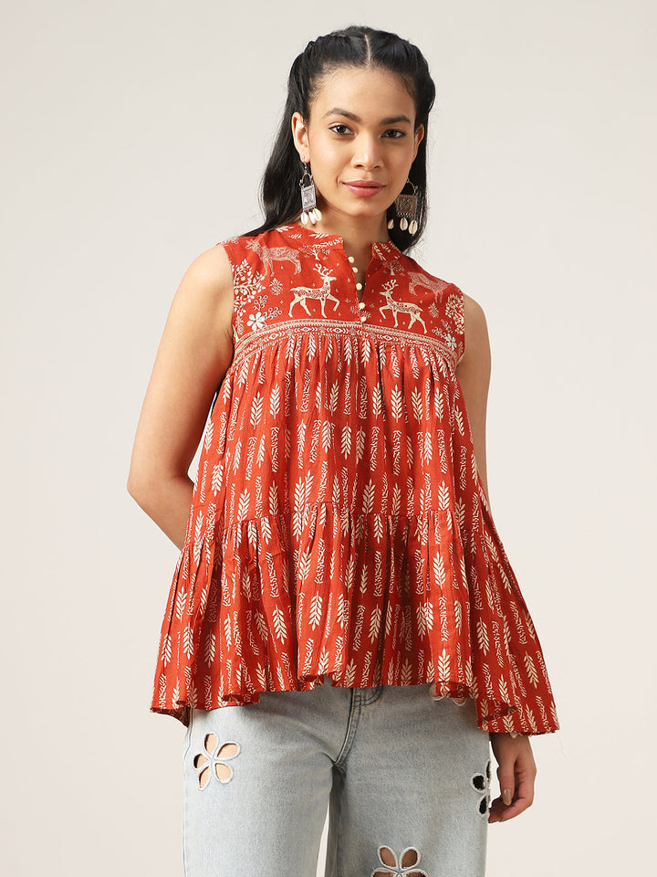Flared Printed Cotton Mandarin Collar Top