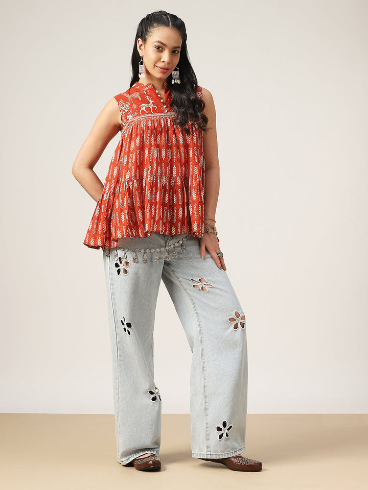 Flared Printed Cotton Mandarin Collar Top