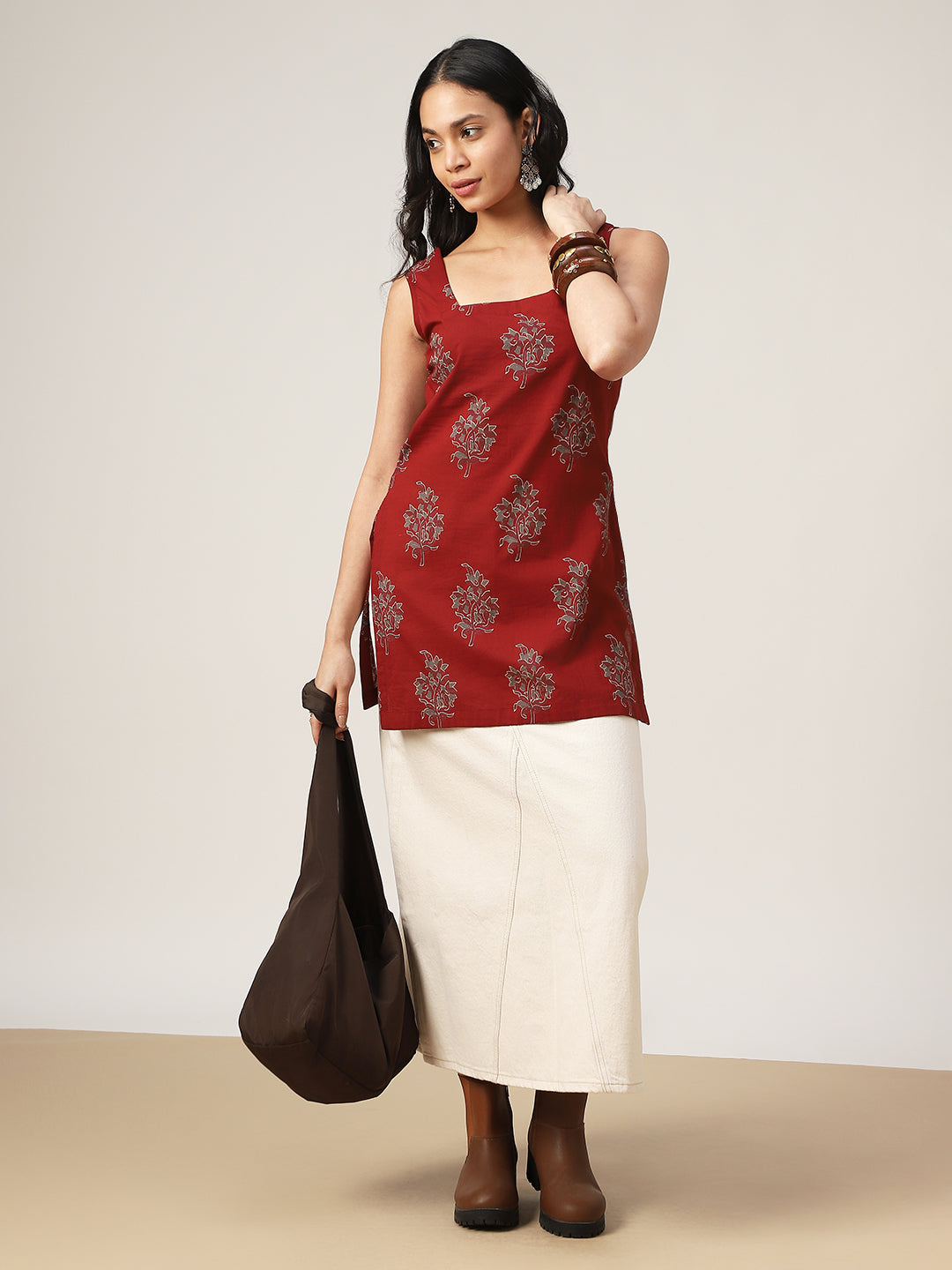 Straight Printed Cotton Square Neck Top