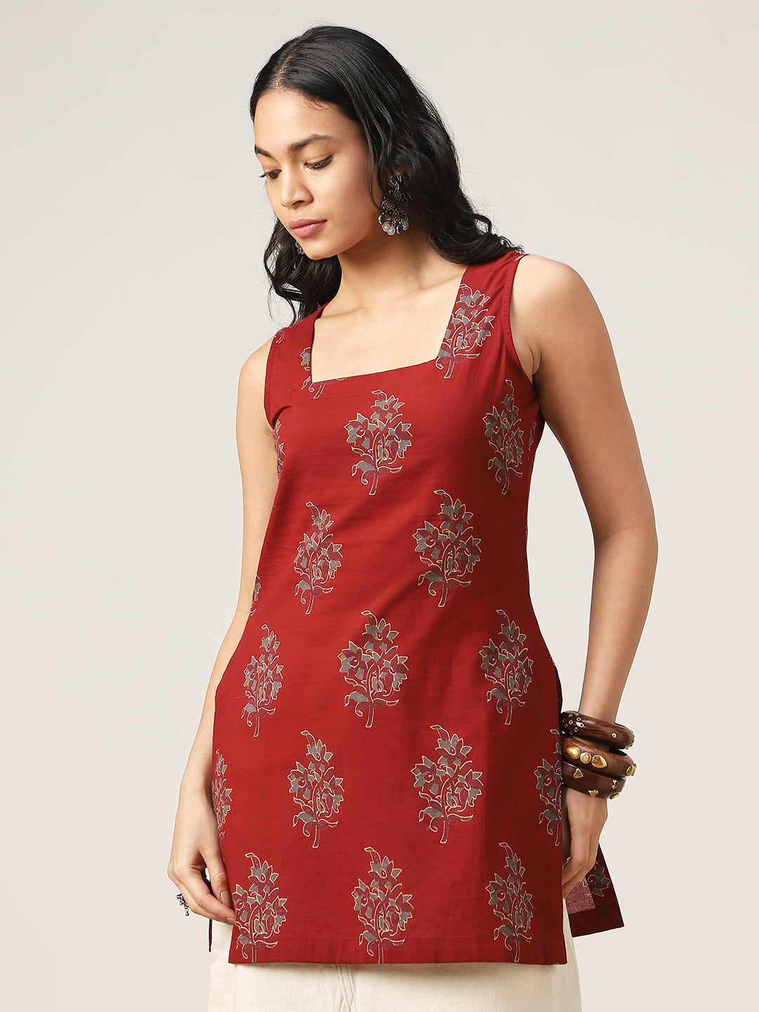 Straight Printed Cotton Square Neck Top