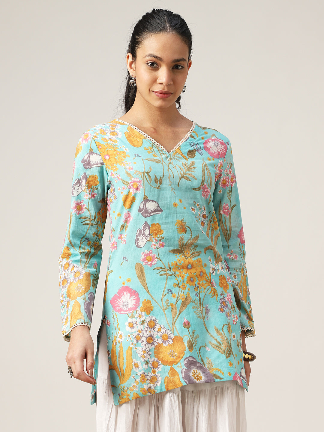 Straight Printed Cotton V-Neck Top