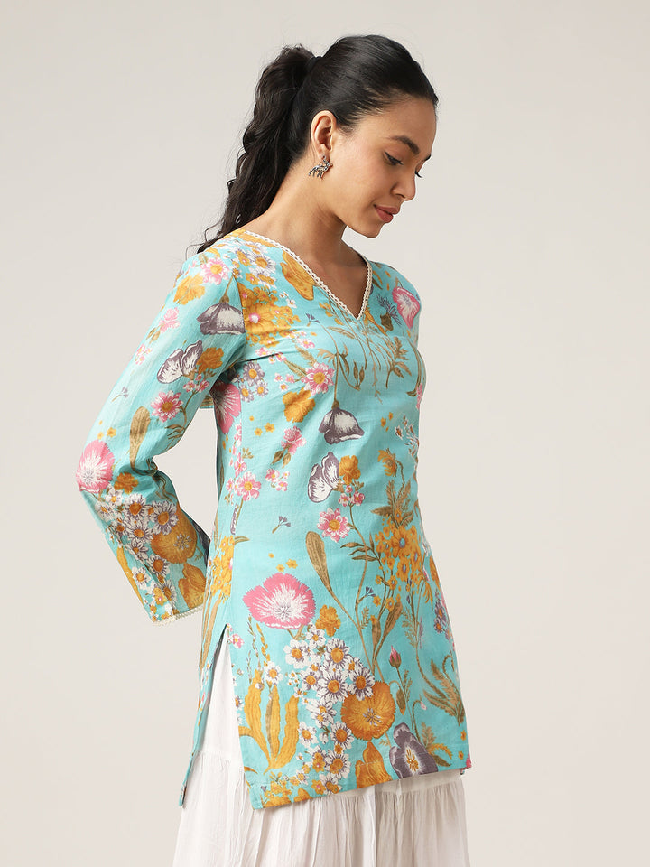 Straight Printed Cotton V-Neck Top