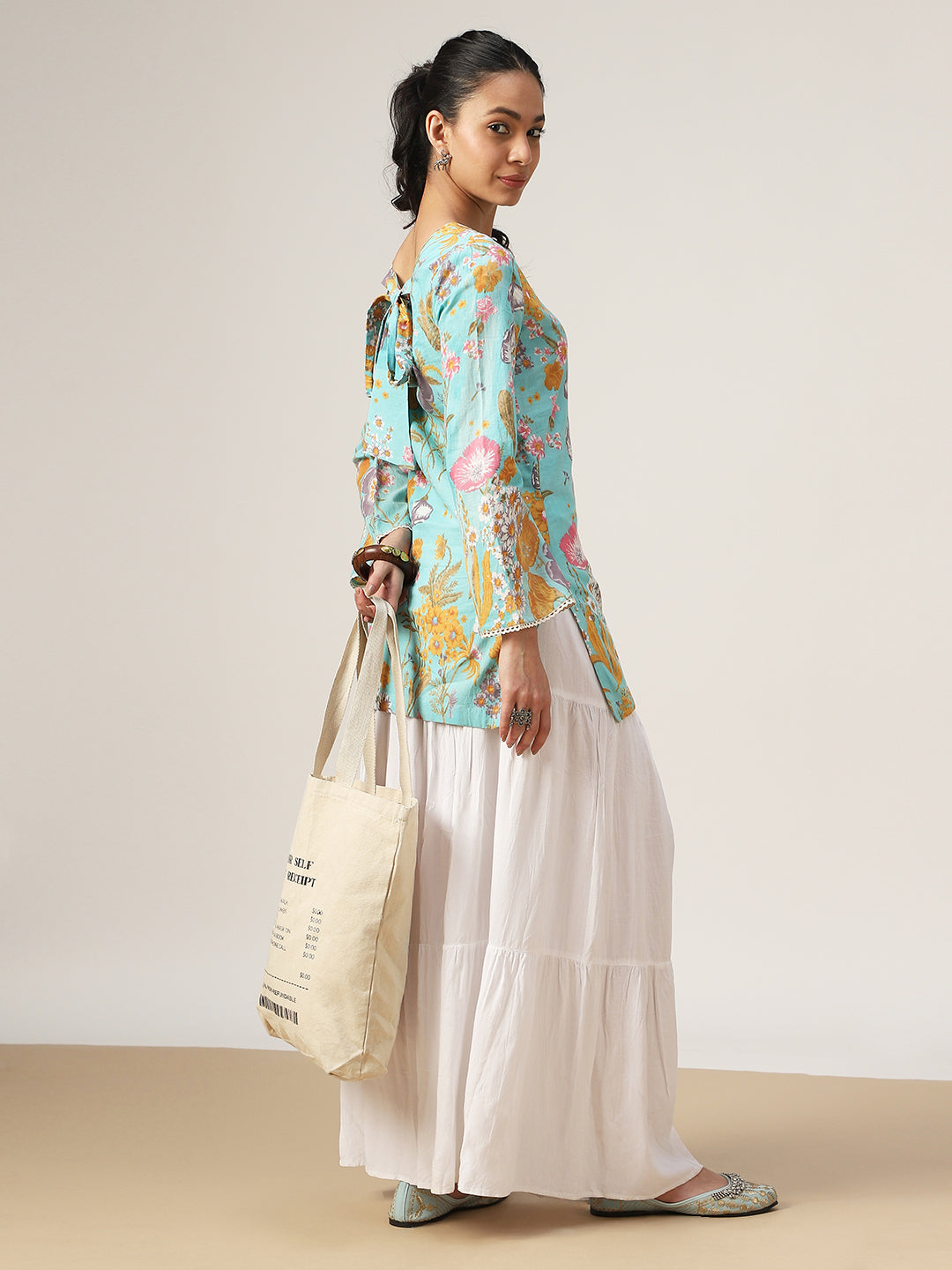 Straight Printed Cotton V-Neck Top