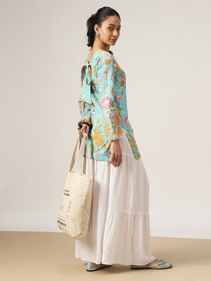 Straight Printed Cotton V-Neck Top