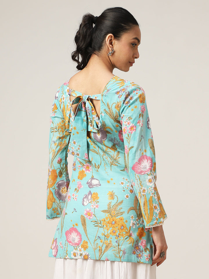 Straight Printed Cotton V-Neck Top