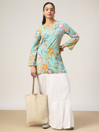 Straight Printed Cotton V-Neck Top