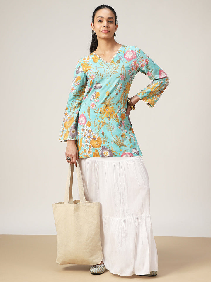 Straight Printed Cotton V-Neck Top
