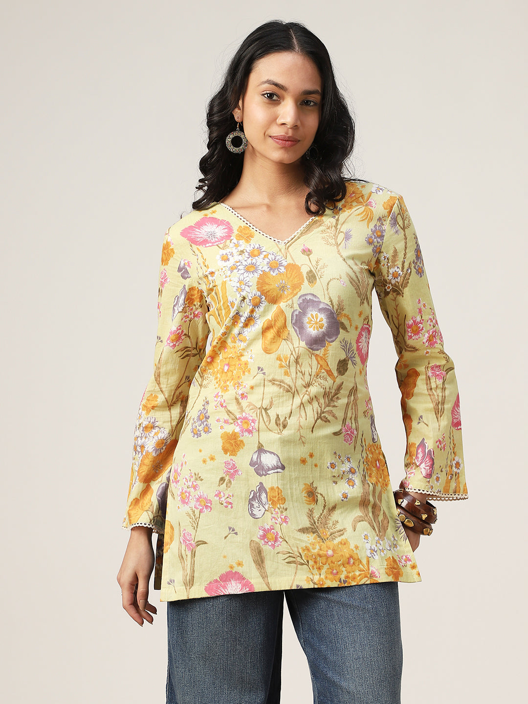 Straight Printed Cotton V-Neck Top