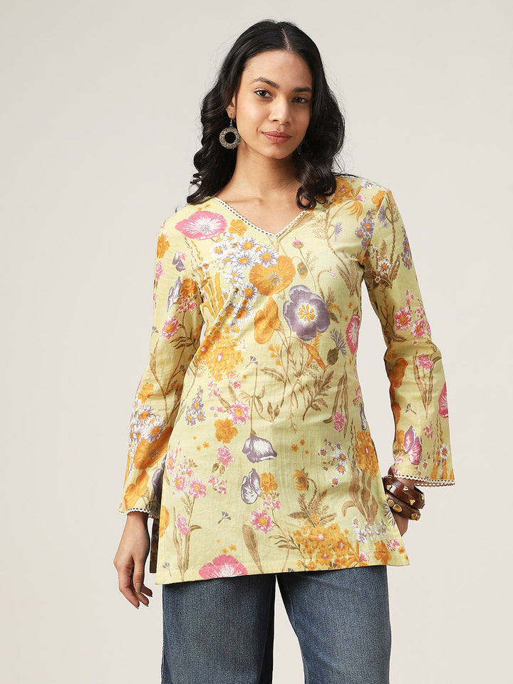 Straight Printed Cotton V-Neck Top